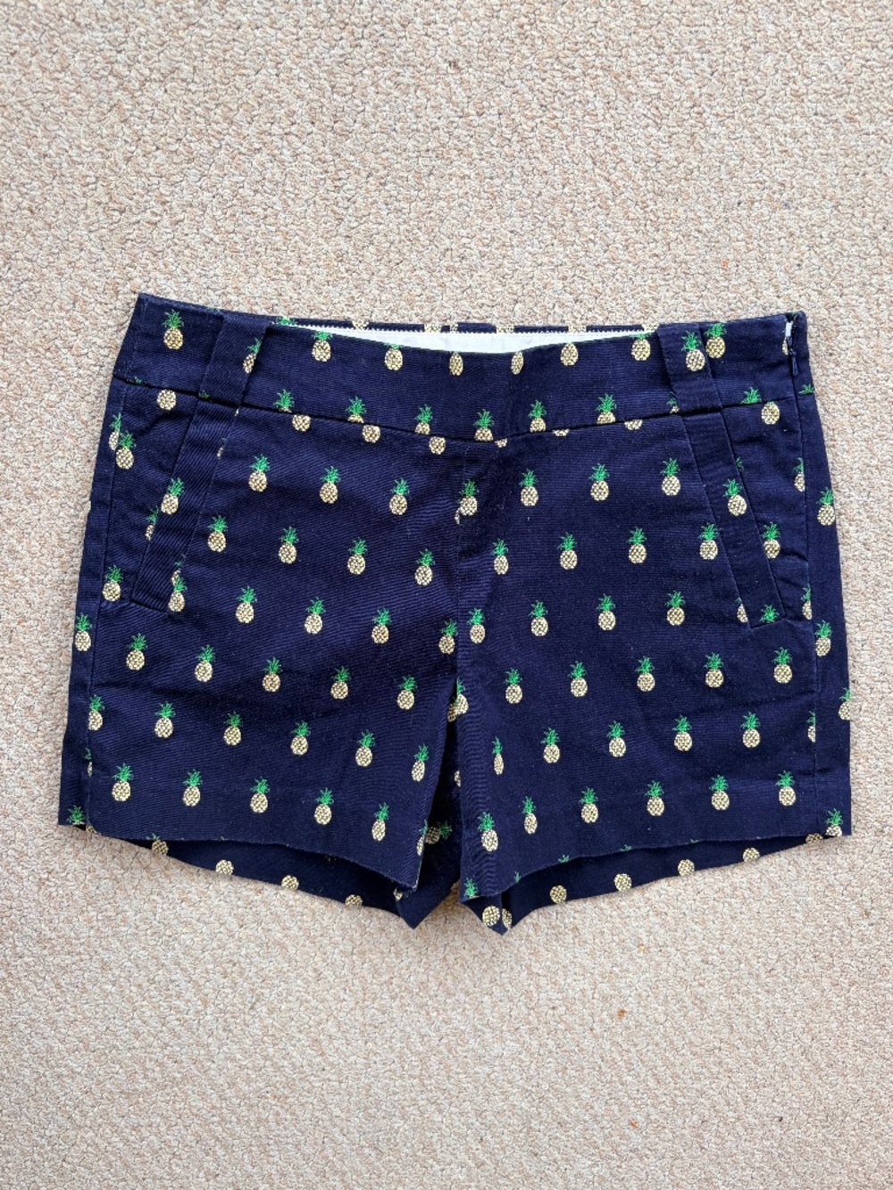 J Crew Women's Navy Blue Yellow Pineapple Chino Shorts Side Zip Stretch Size 6